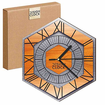  WOODEN WALL CLOCK CONCRETE HEXAGON 