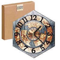  WOODEN WALL CLOCK IRON HEXAGON 