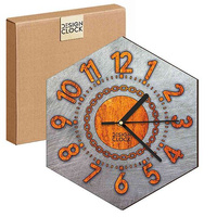  WOODEN WALL CLOCK IRON HEXAGON 