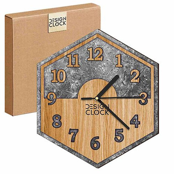  WOODEN WALL CLOCK CONCRETE HEXAGON 