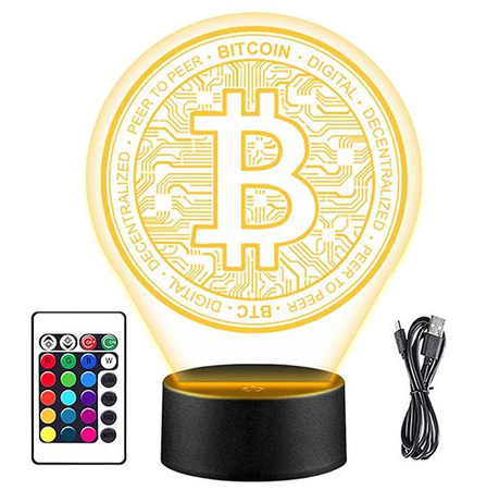 LAMPKA NOCNA BITCOIN KRYPTOWALUTY 3D LED + PILOT