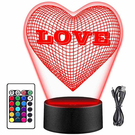 LAMPKA NOCNA LED SERCE LOVE 3D + PILOT