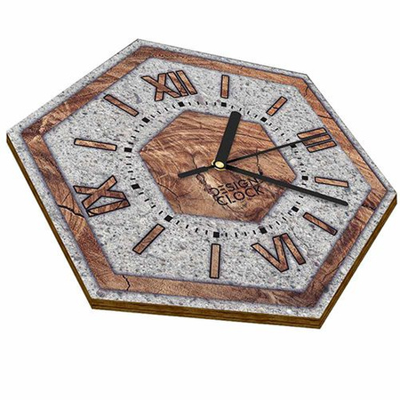  WOODEN WALL CLOCK CONCRETE HEXAGON 